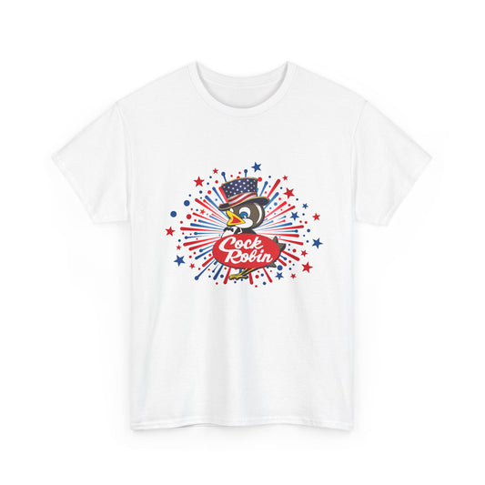 Patriotic Cock Robin Tee — American Flag Firework Graphic T-Shirt