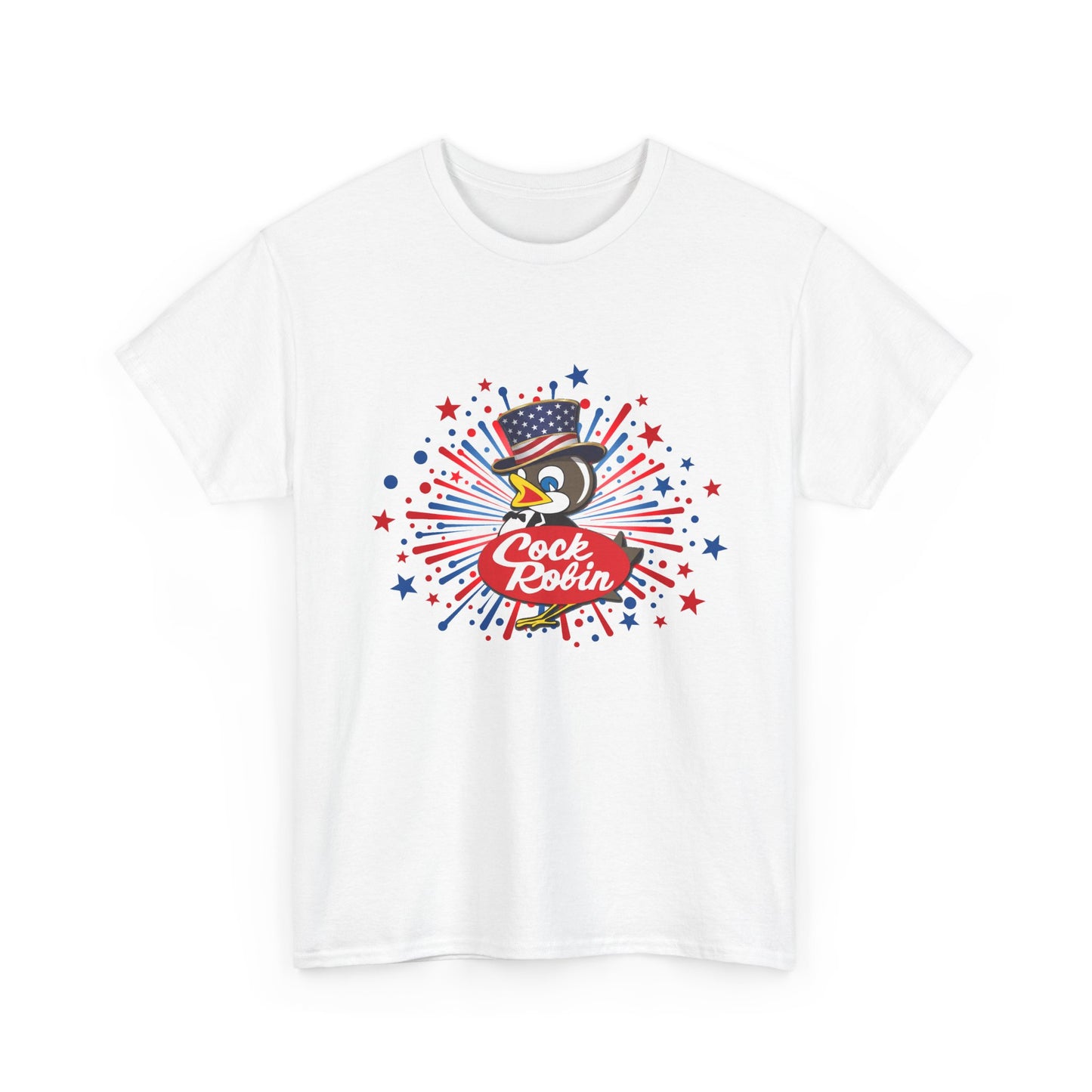 Patriotic Cock Robin Tee — American Flag Firework Graphic T-Shirt