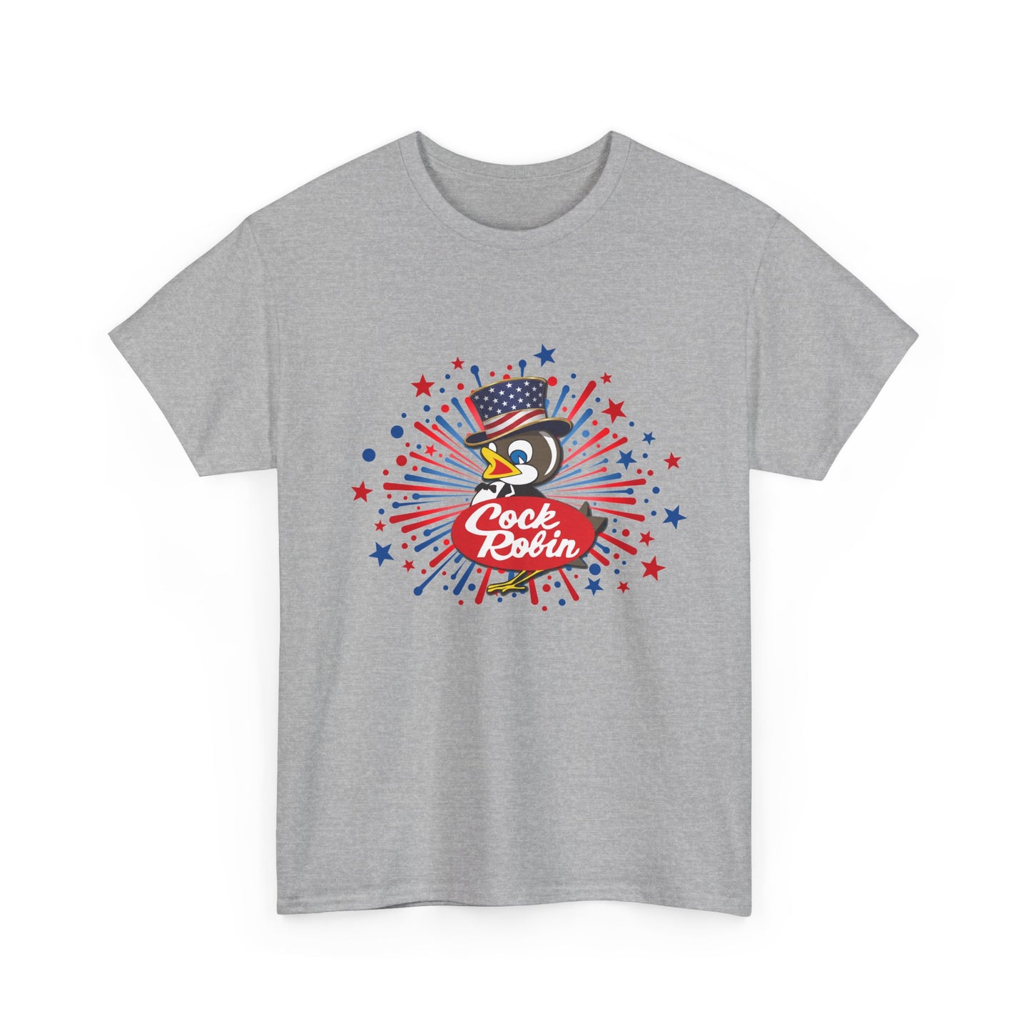 Patriotic Cock Robin Tee — American Flag Firework Graphic T-Shirt